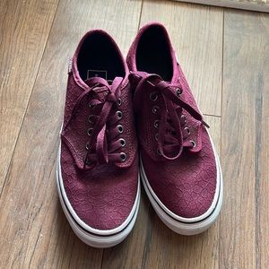Maroon suede snake skin embossed sneakers